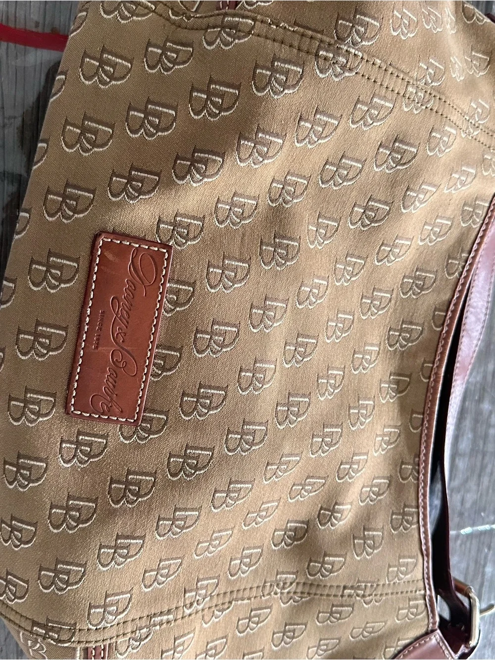 Dooney & Bourke Tan Monogram Hobo with Brown Leather Trim